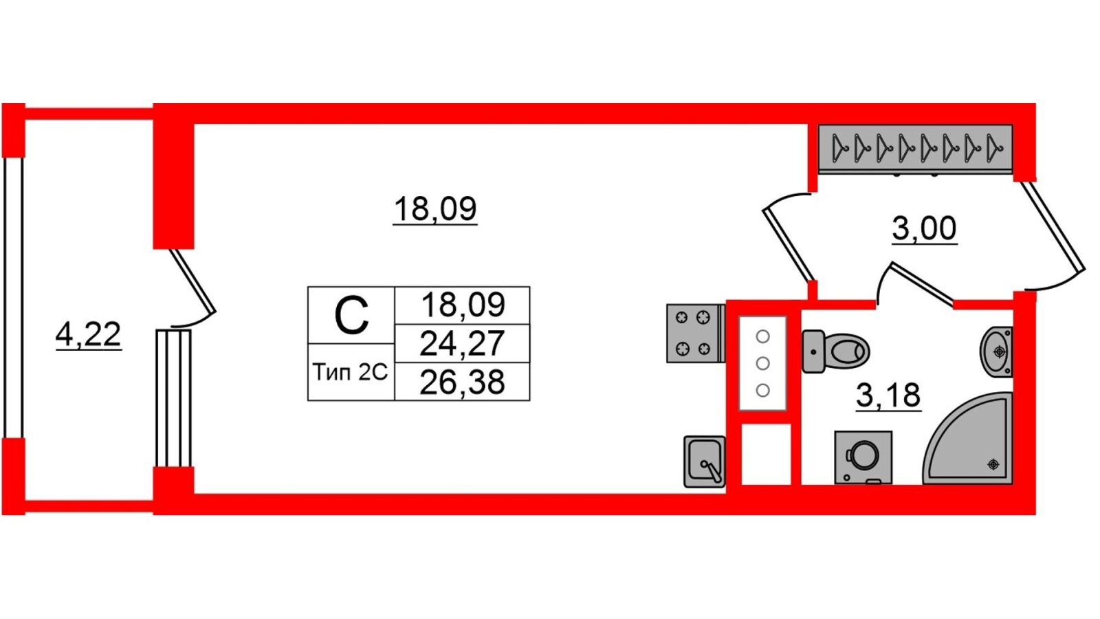 Планировка: студия, 24,3 м²