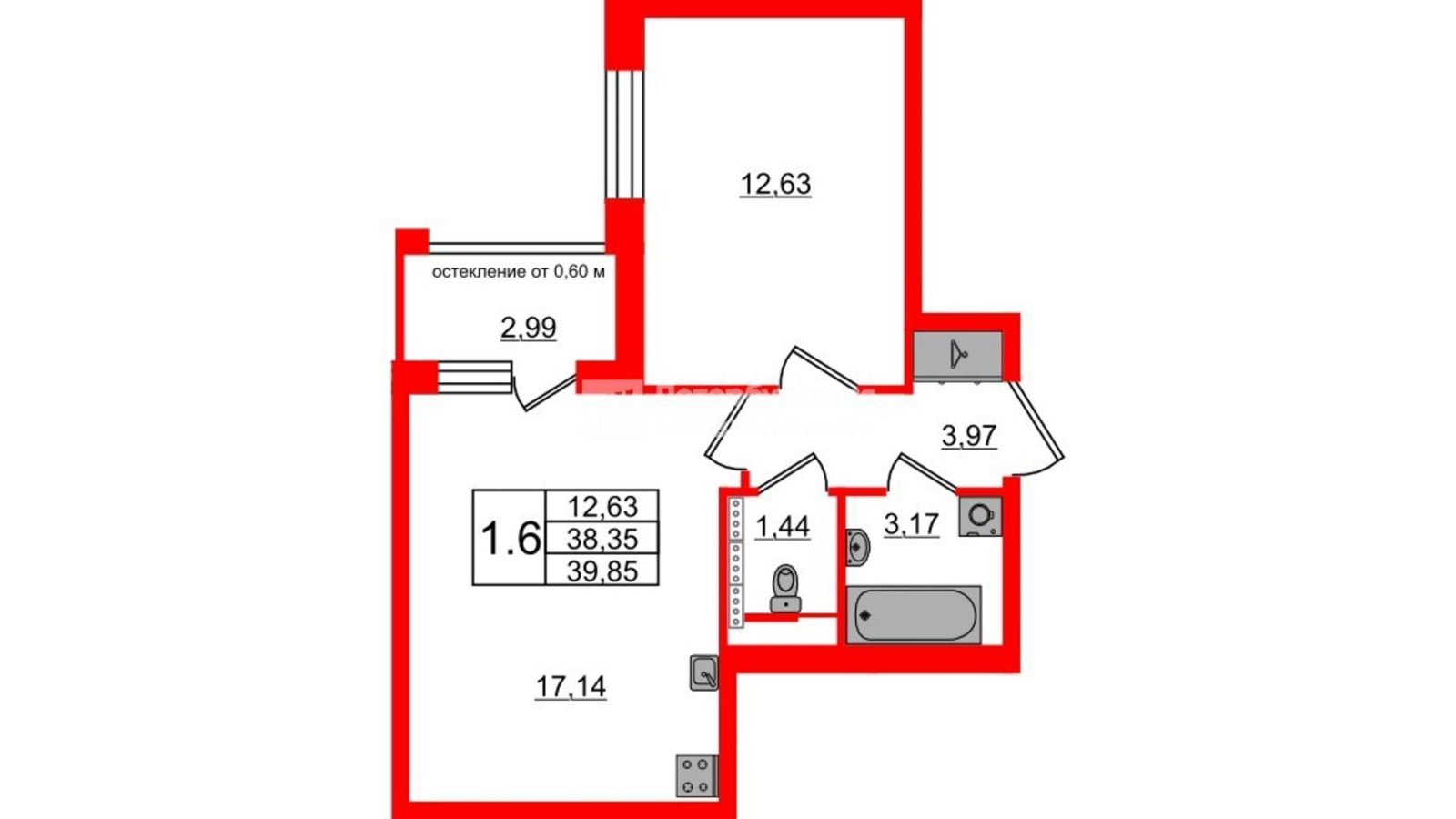 Планировка: 1-комнатная квартира, 38,4 м²