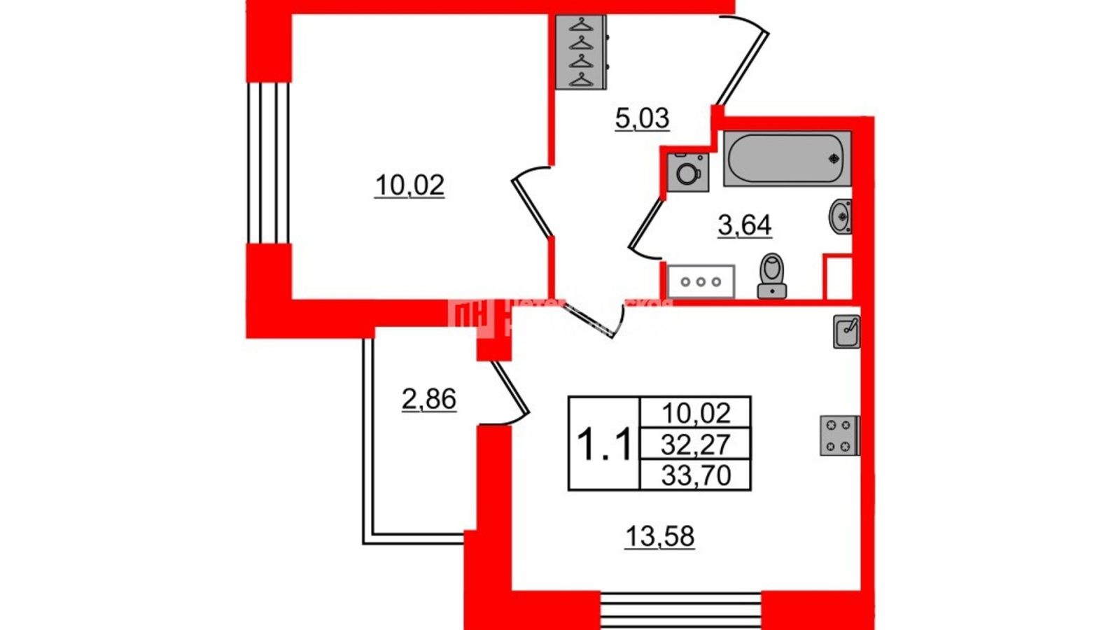 Планировка: 1-комнатная квартира, 32,3 м²
