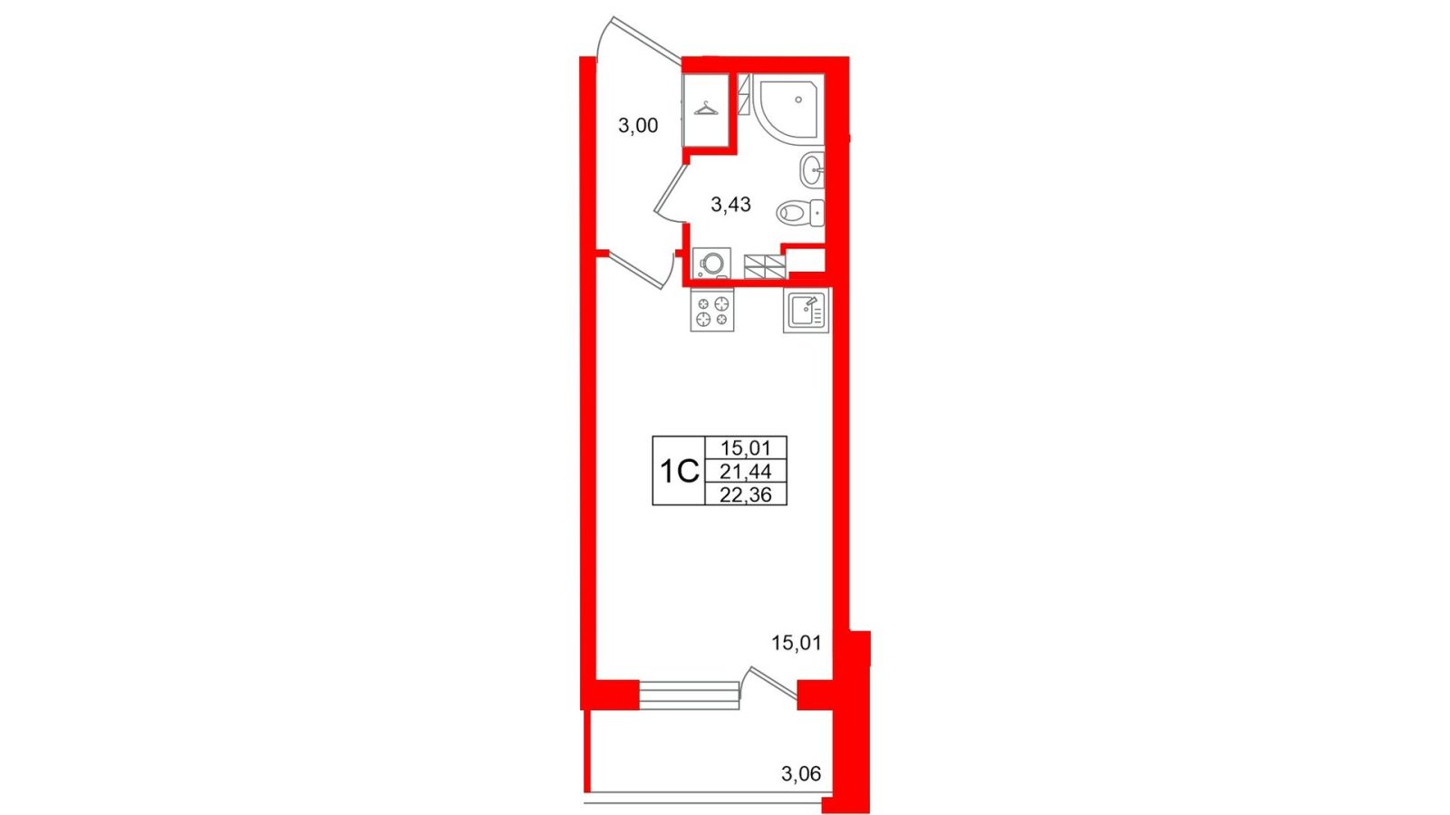 Планировка: студия, 21,4 м²