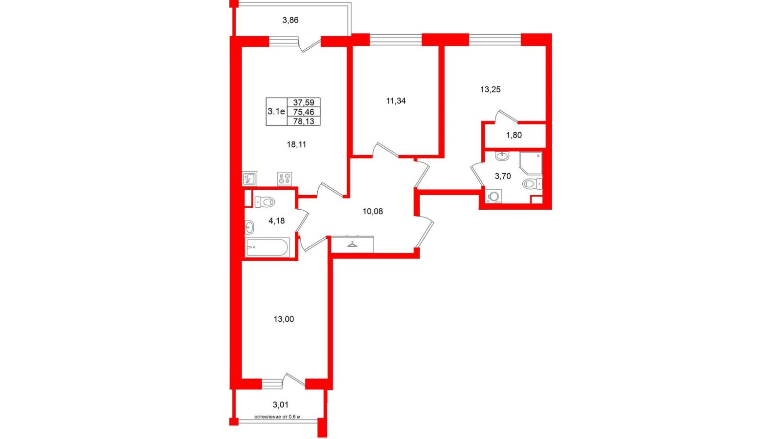 Планировка: 3-комнатная квартира, 75,5 м²