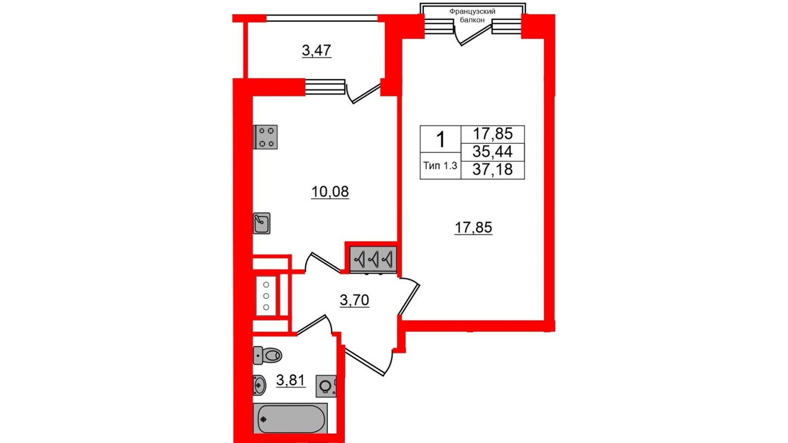 Планировка: 1-комнатная квартира, 35,4 м²