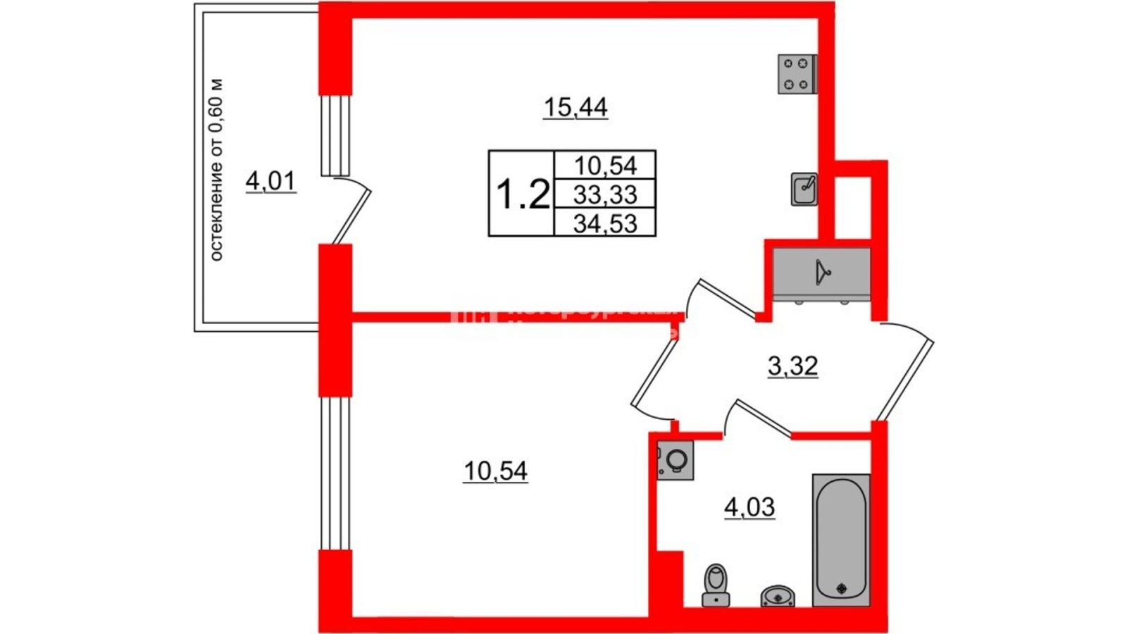Планировка: 1-комнатная квартира, 33,3 м²