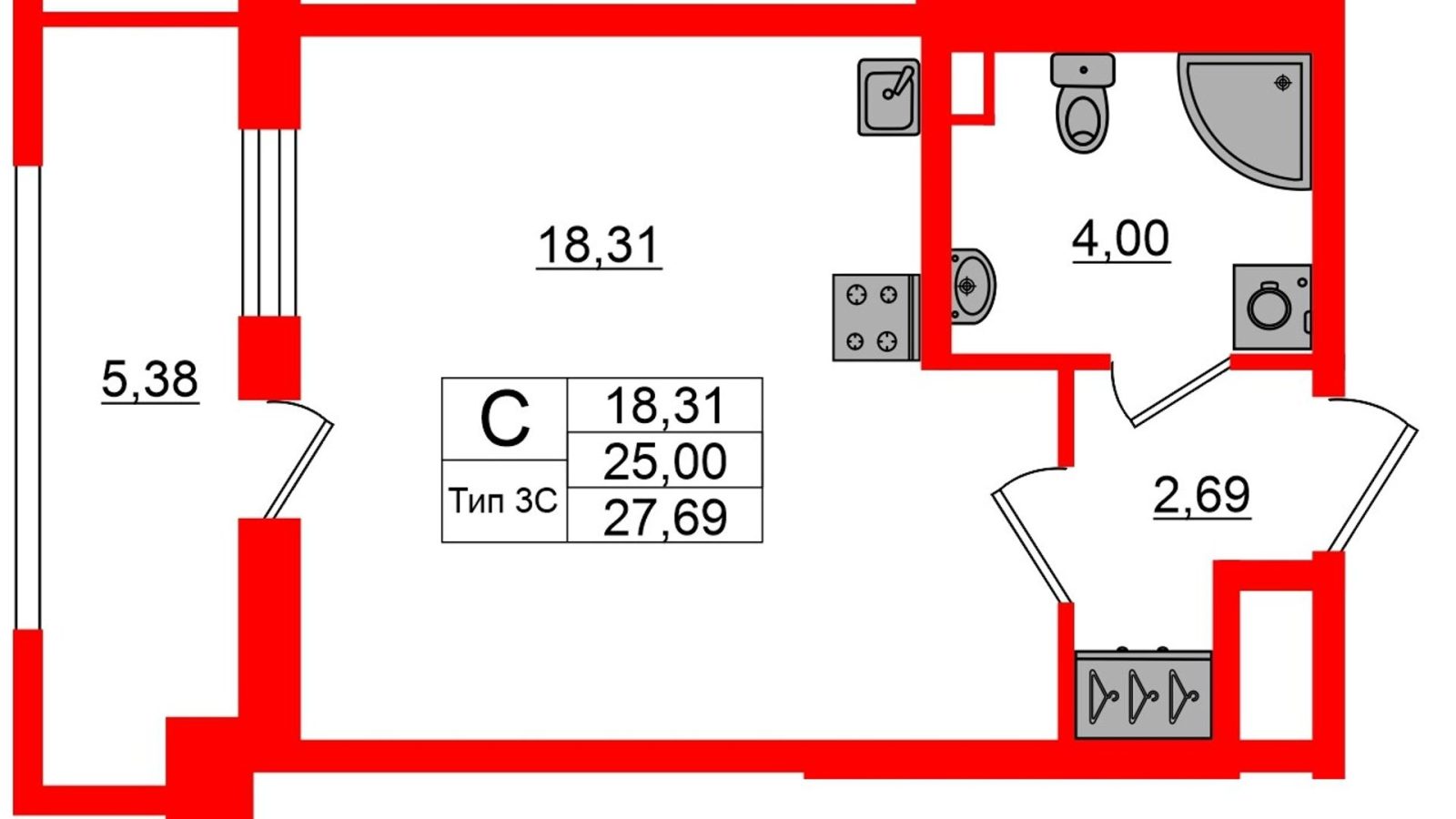 Планировка: студия, 25,0 м²