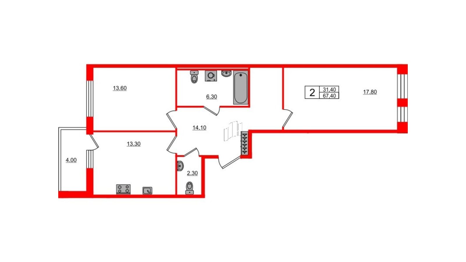 Планировка: 2-комнатная квартира, 67,4 м²