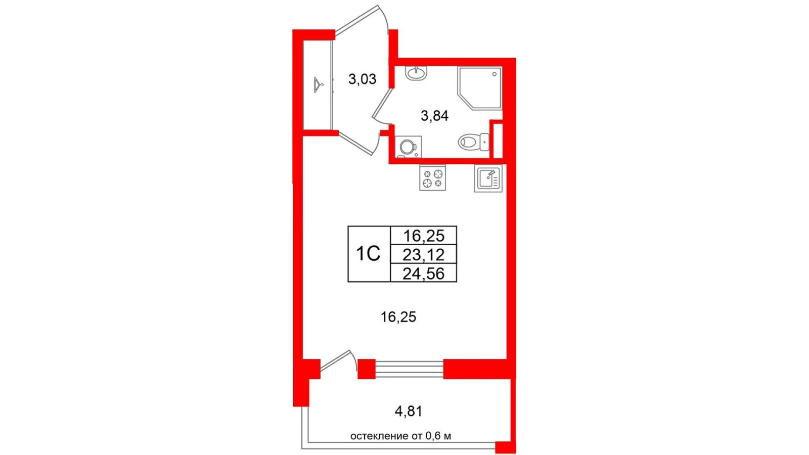 Планировка: студия, 23,1 м²