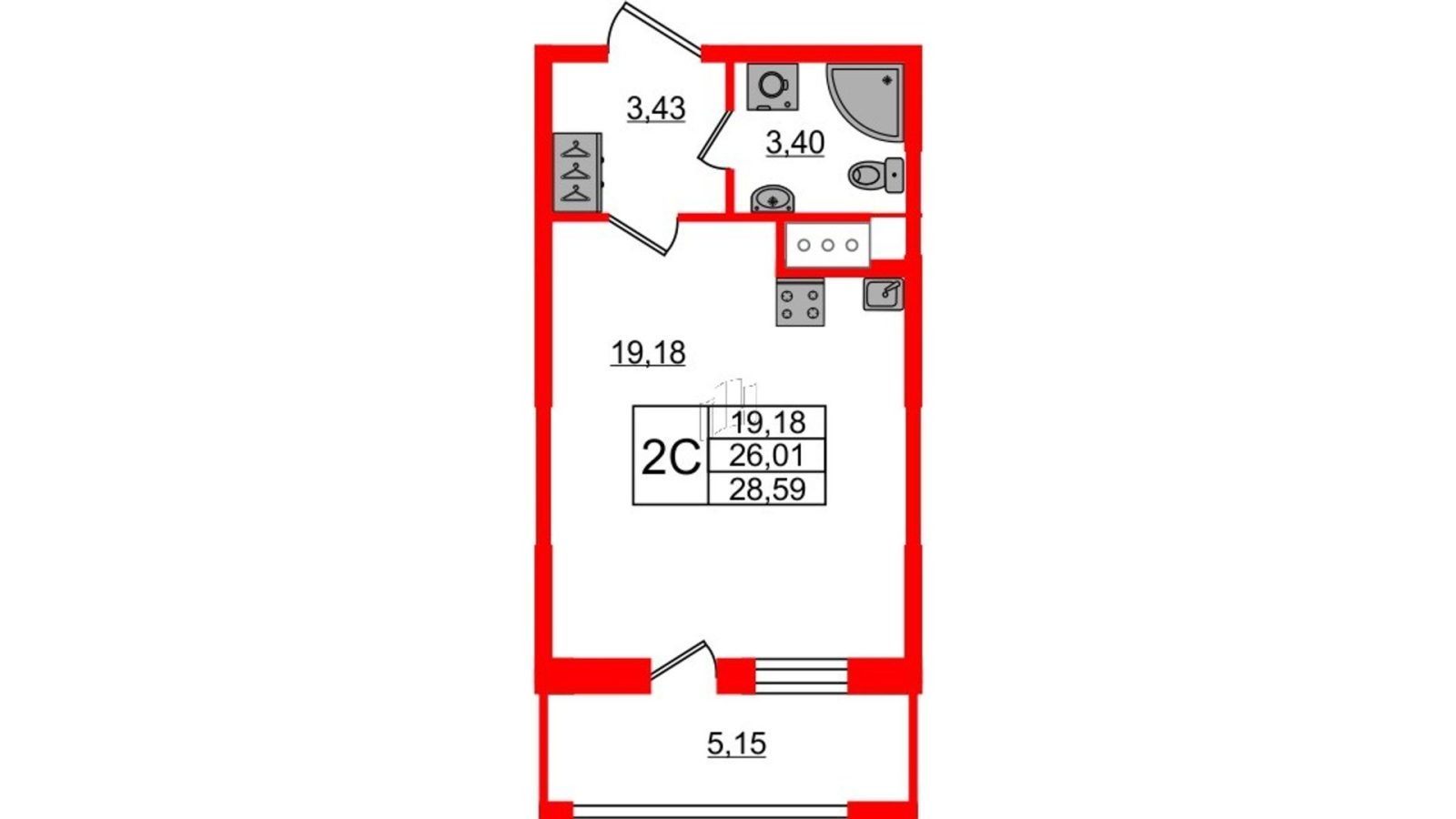 Планировка: студия, 25,7 м²
