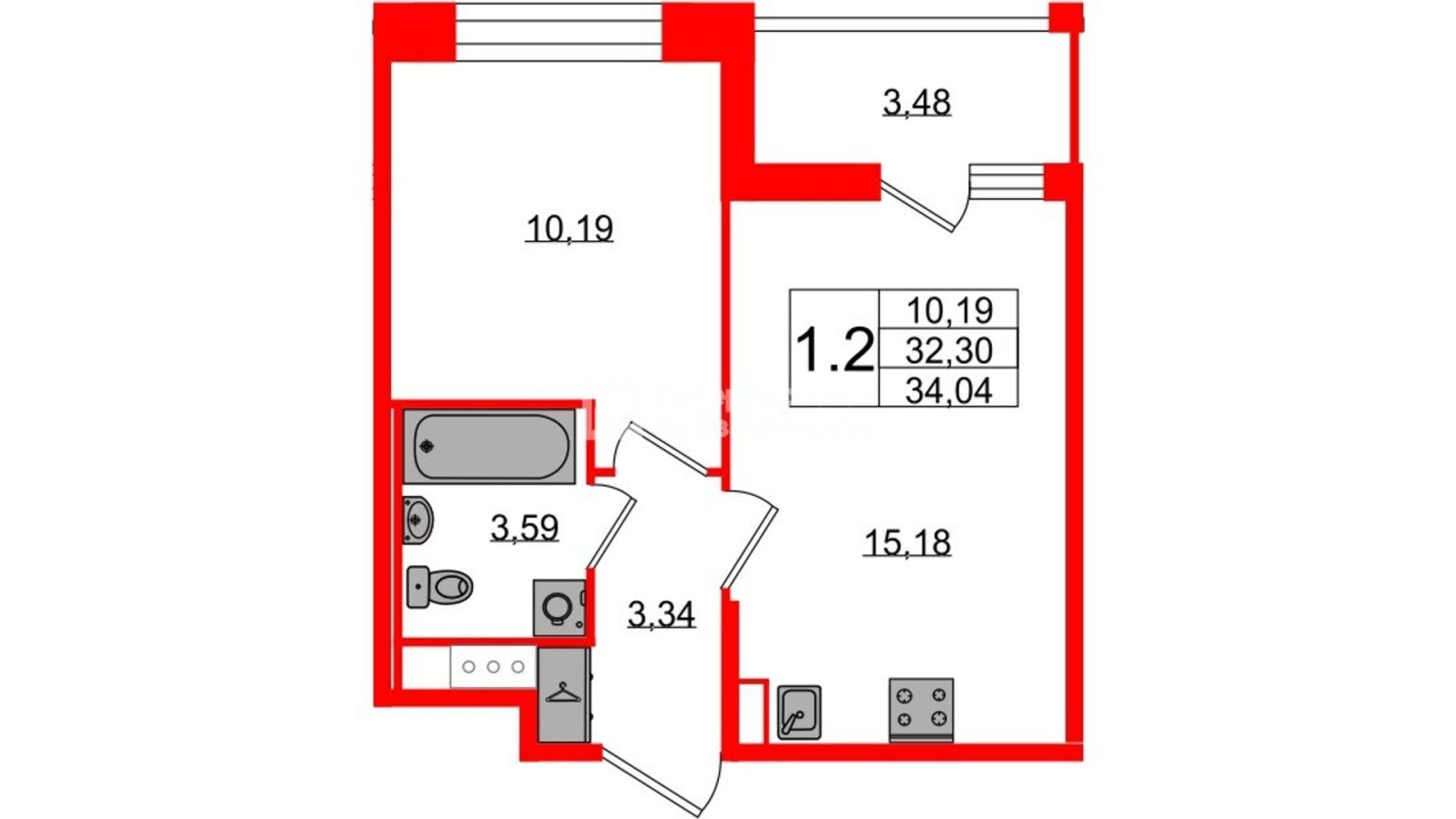 Планировка: 1-комнатная квартира, 32,3 м²
