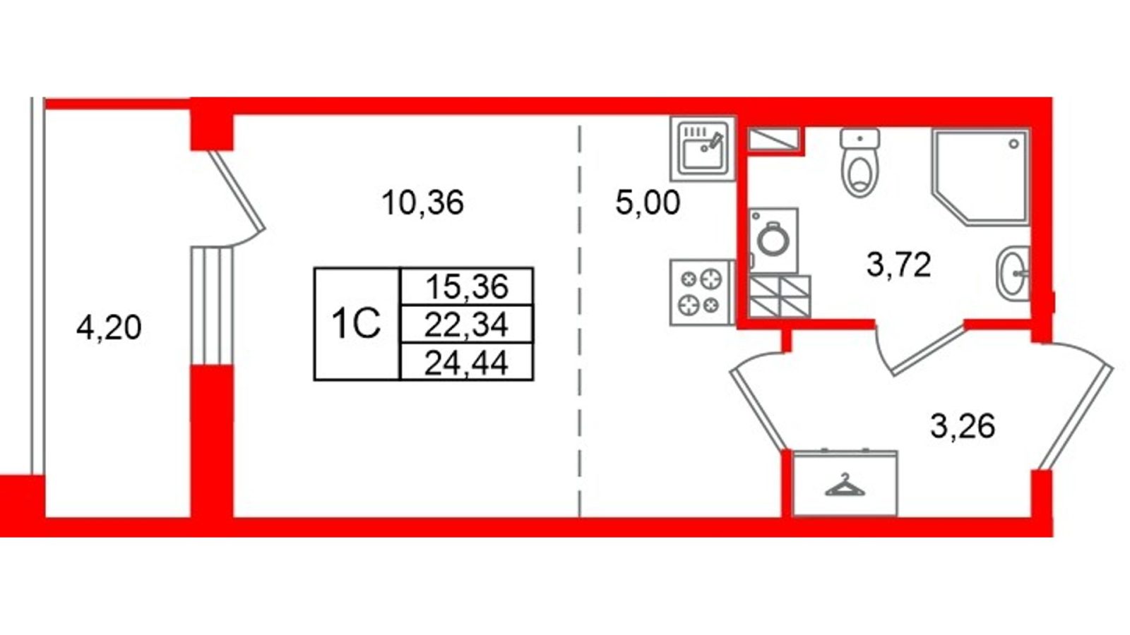 Планировка: студия, 22,3 м²