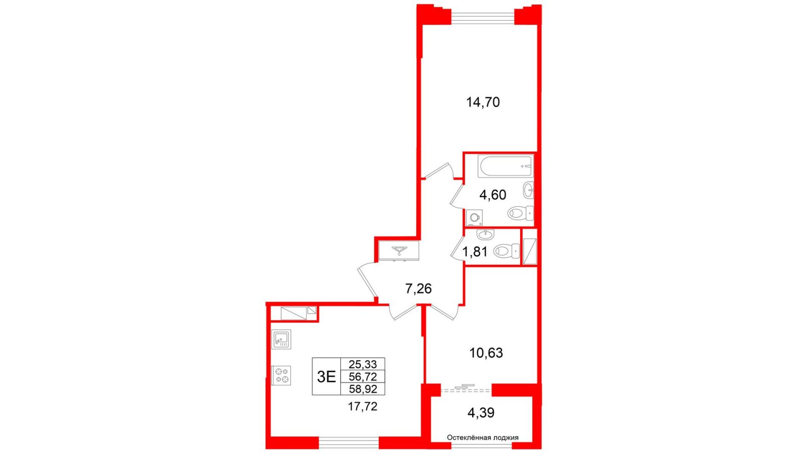 Планировка: 2-комнатная квартира, 56,7 м²