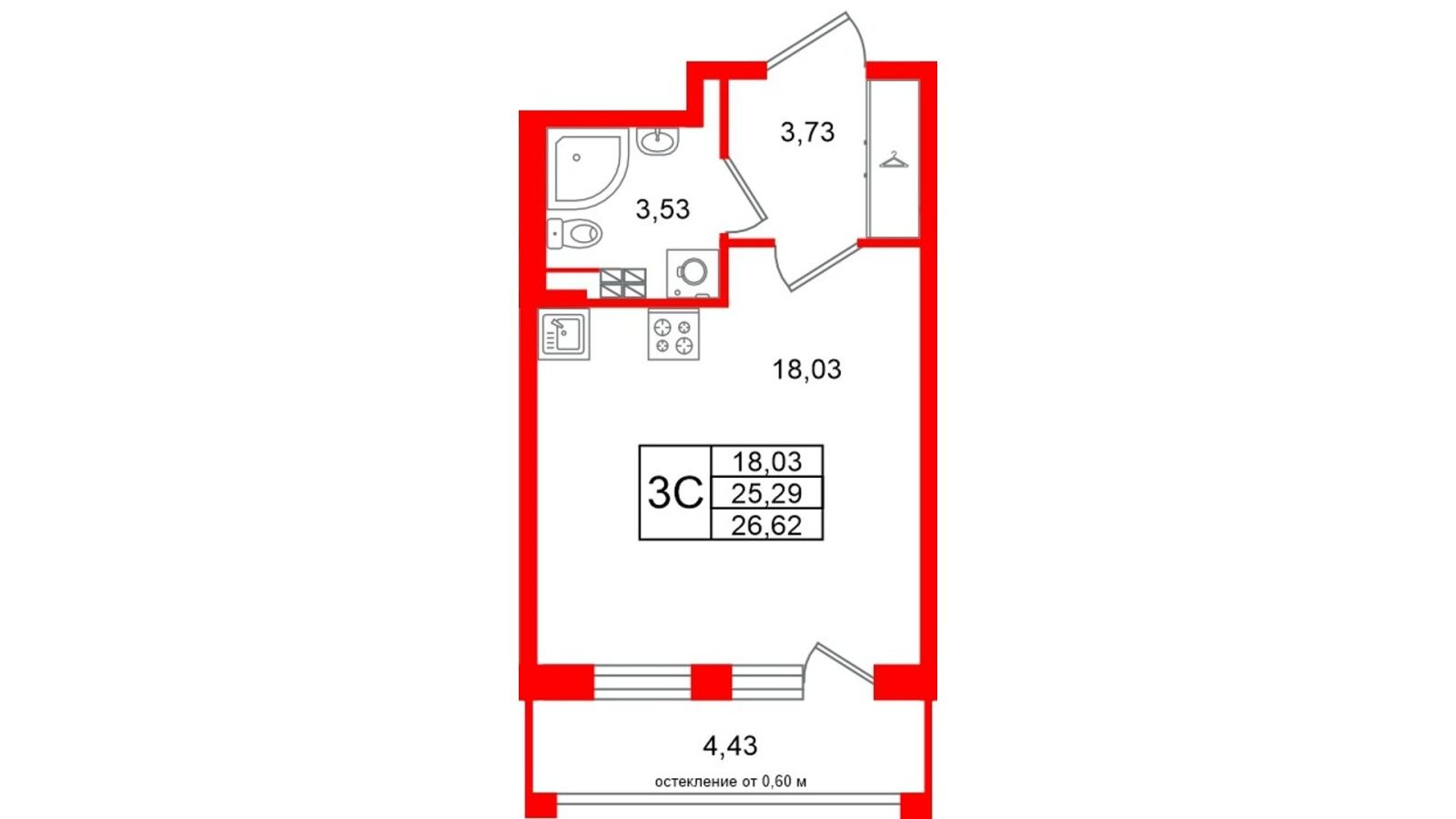 Планировка: студия, 25,3 м²