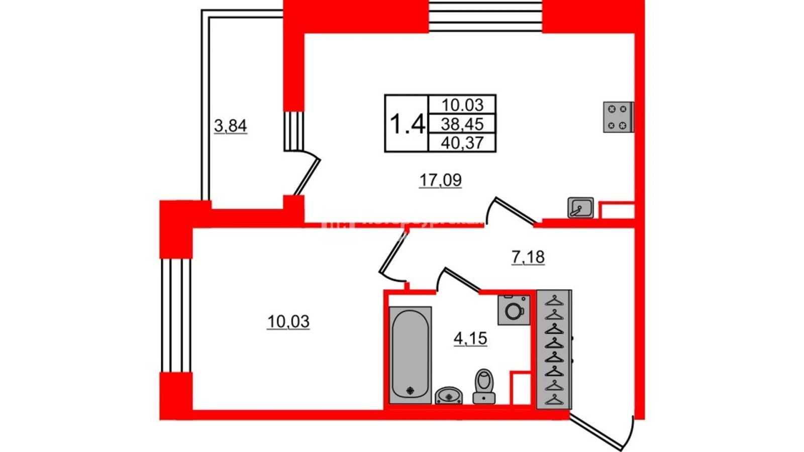 Планировка: 1-комнатная квартира, 38,5 м²