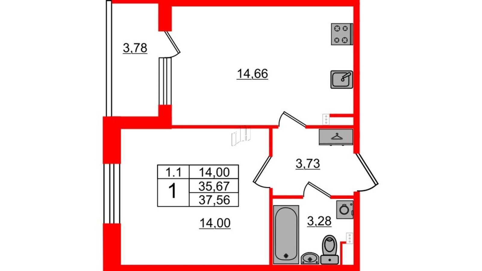 Планировка: 1-комнатная квартира, 35,3 м²