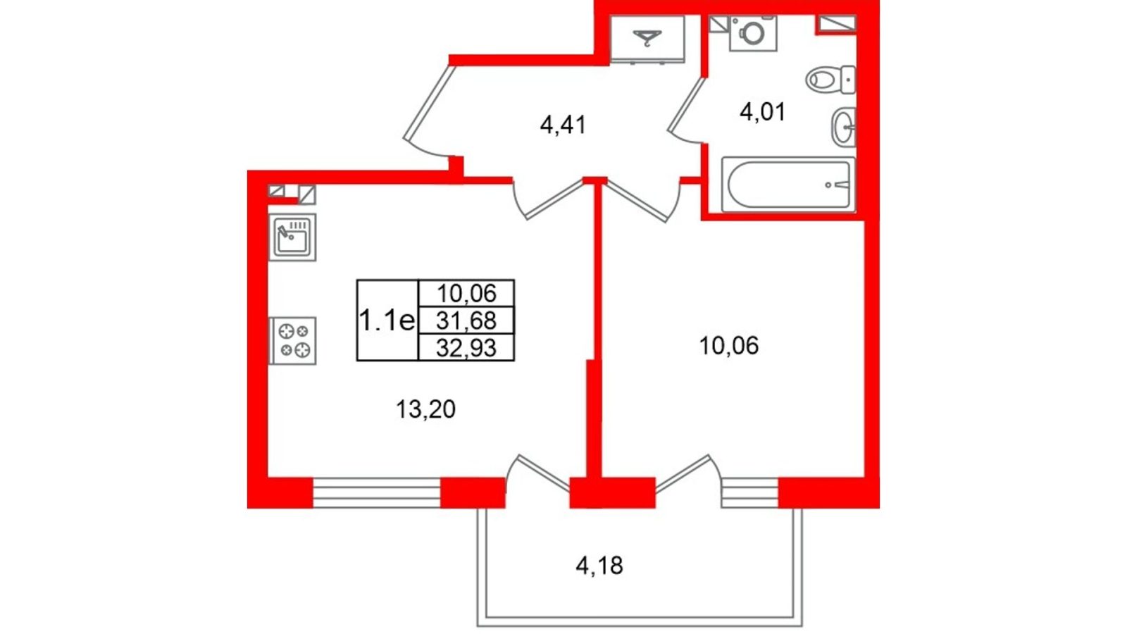 Планировка: 1-комнатная квартира, 31,7 м²