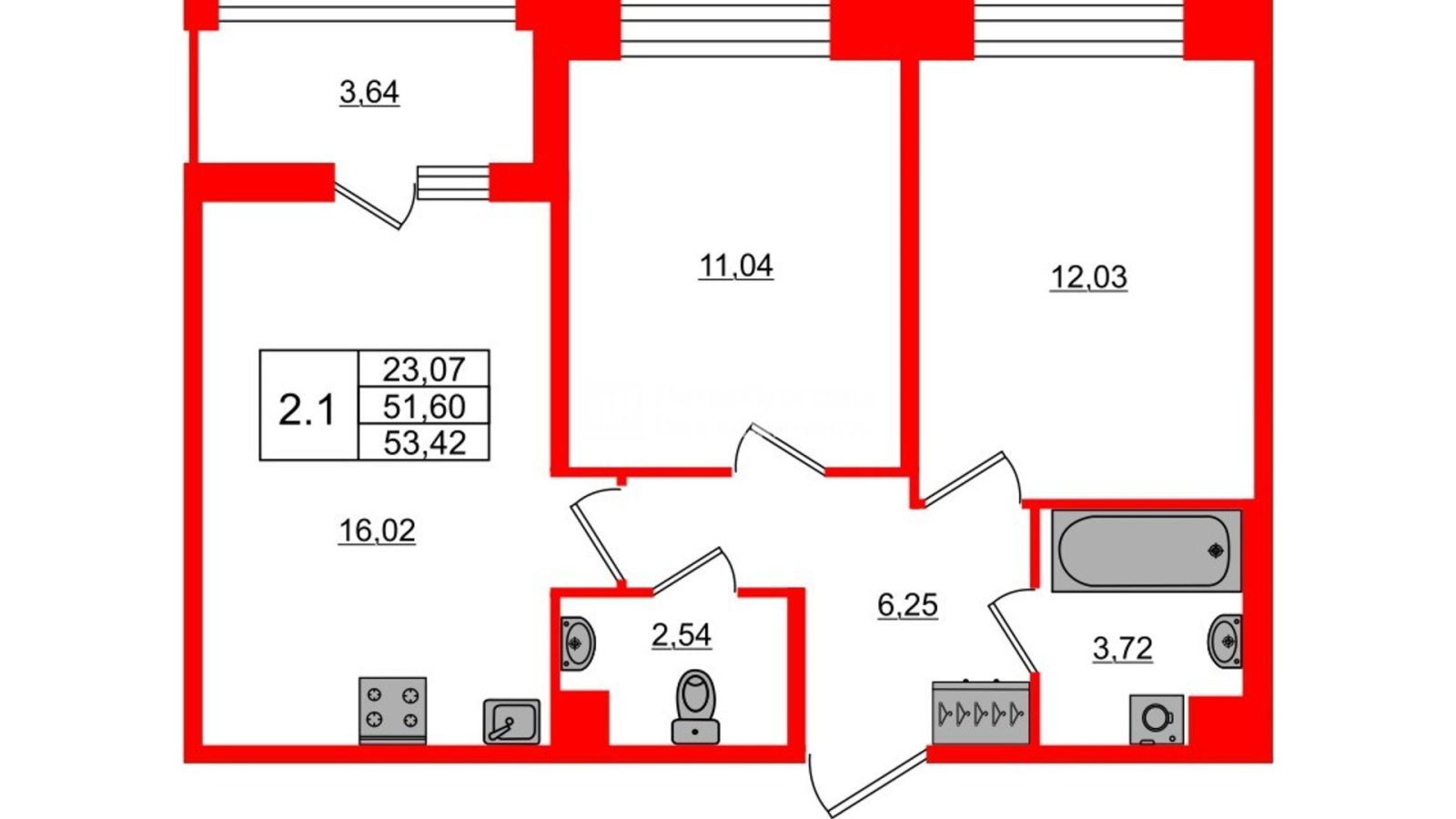 Планировка: 2-комнатная квартира, 51,6 м²