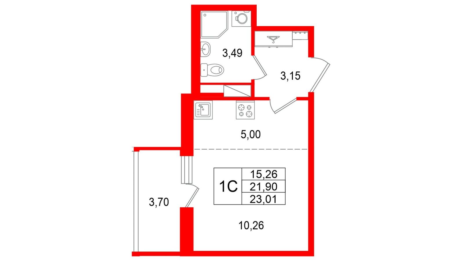 Планировка: студия, 21,9 м²