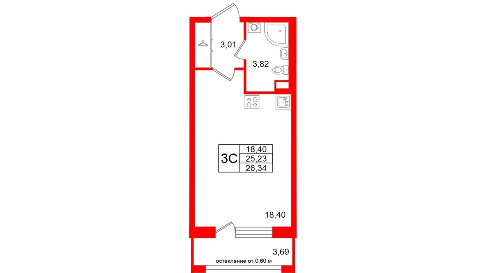 Планировка: студия, 25,2 м²