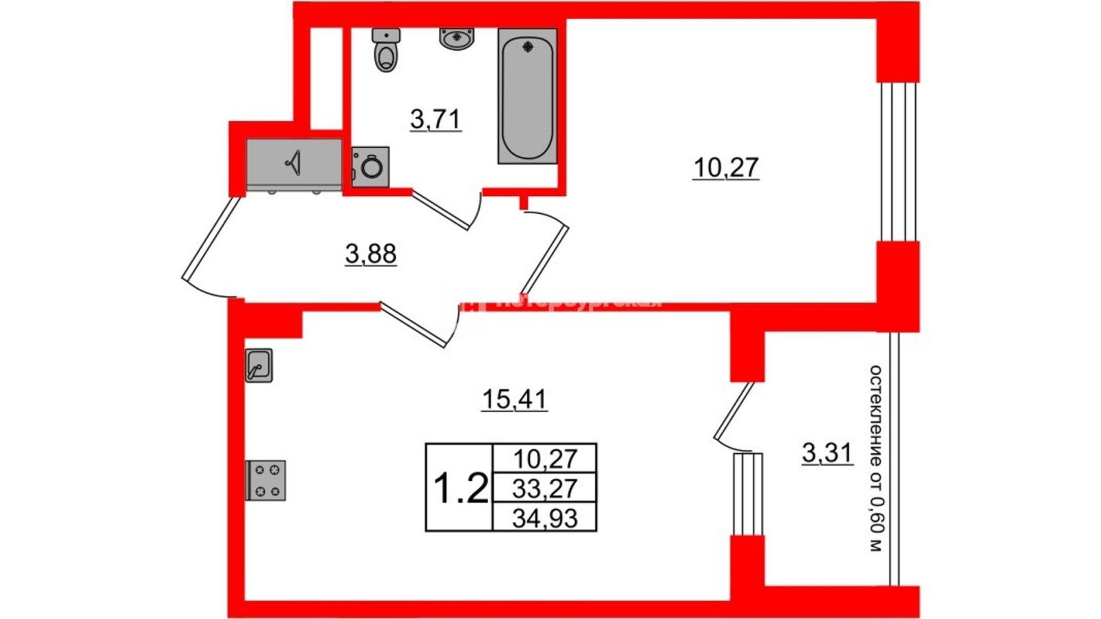 Планировка: 1-комнатная квартира, 33,3 м²