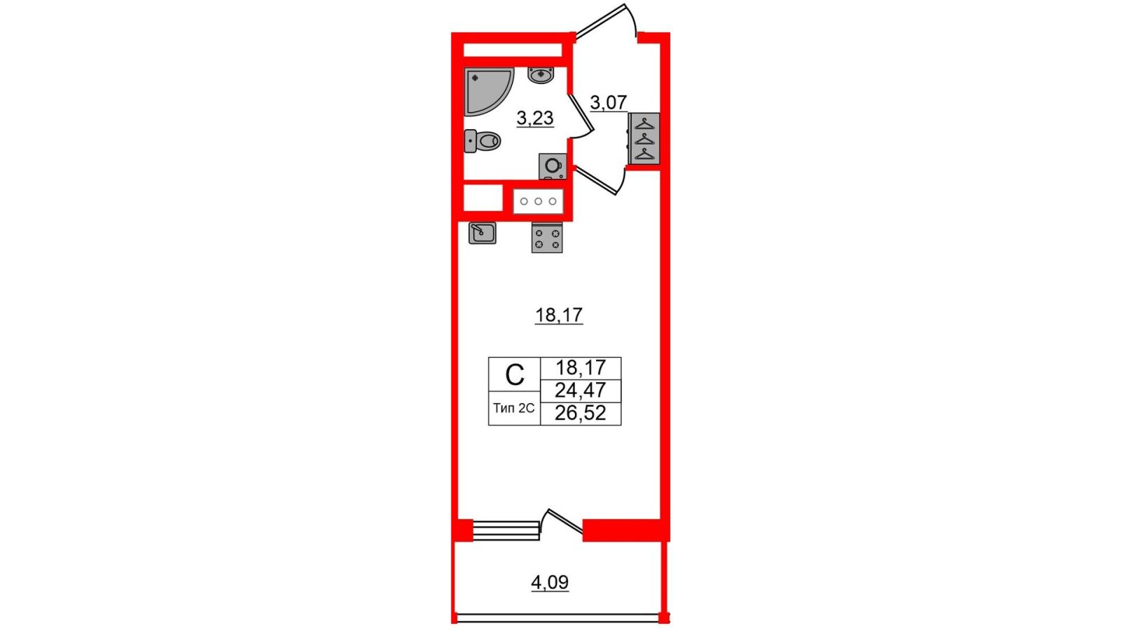 Планировка: студия, 24,5 м²
