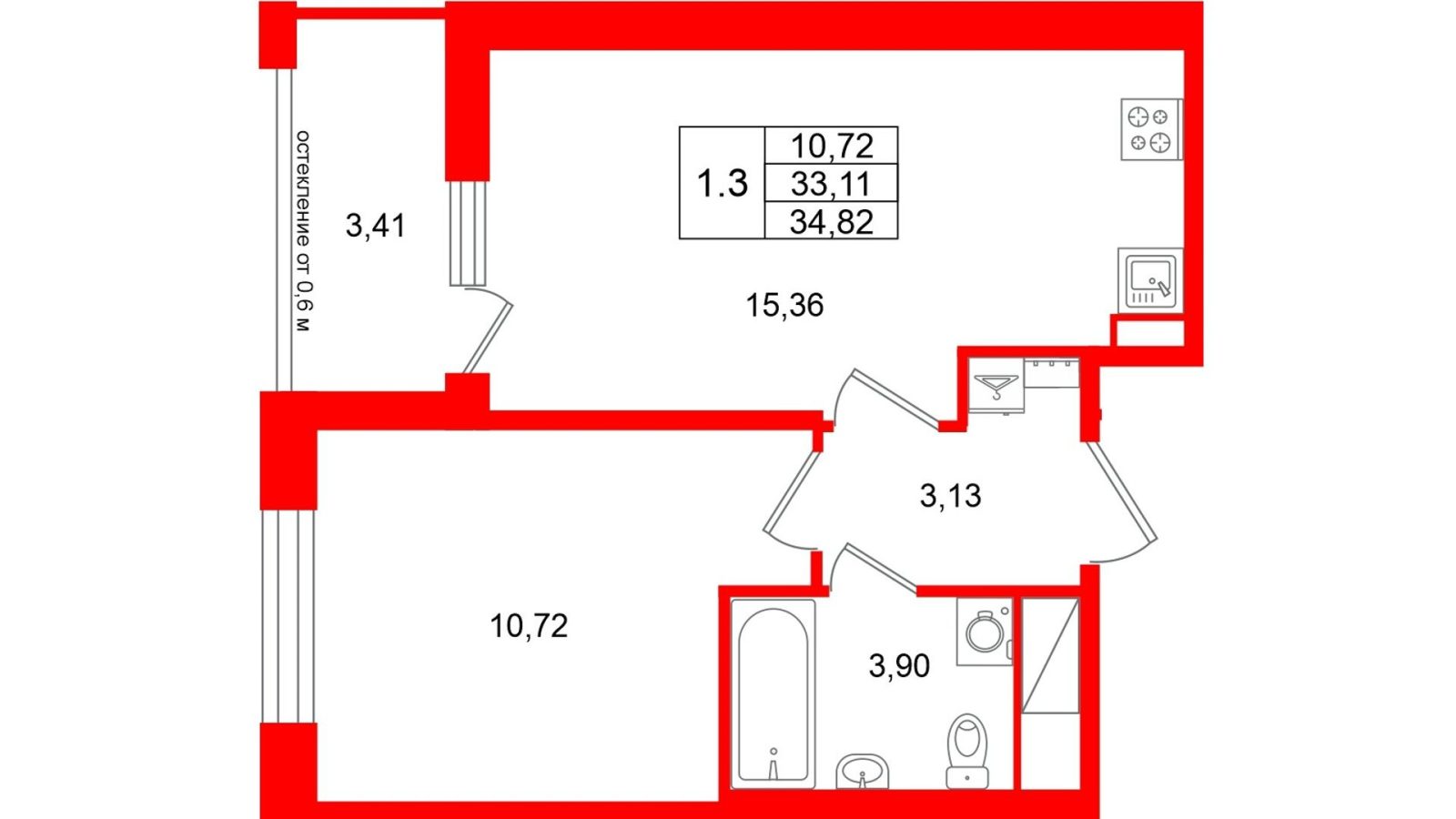 Планировка: 1-комнатная квартира, 33,1 м²