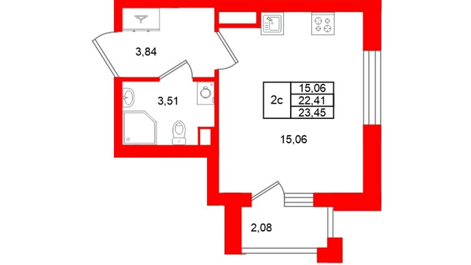 Планировка: студия, 22,4 м²