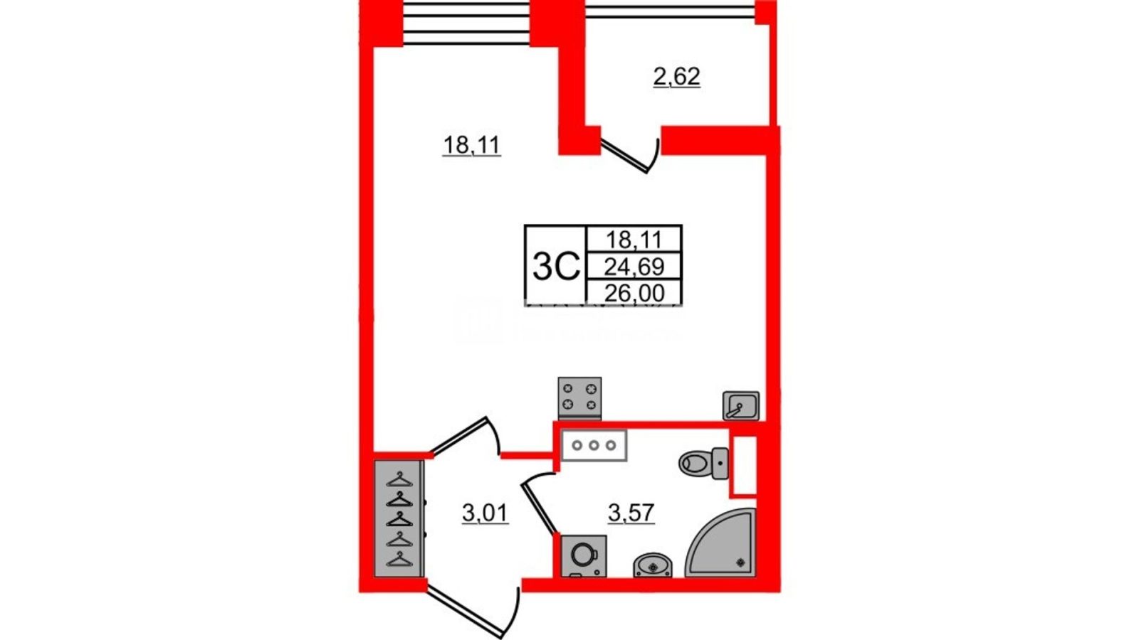 Планировка: студия, 24,7 м²
