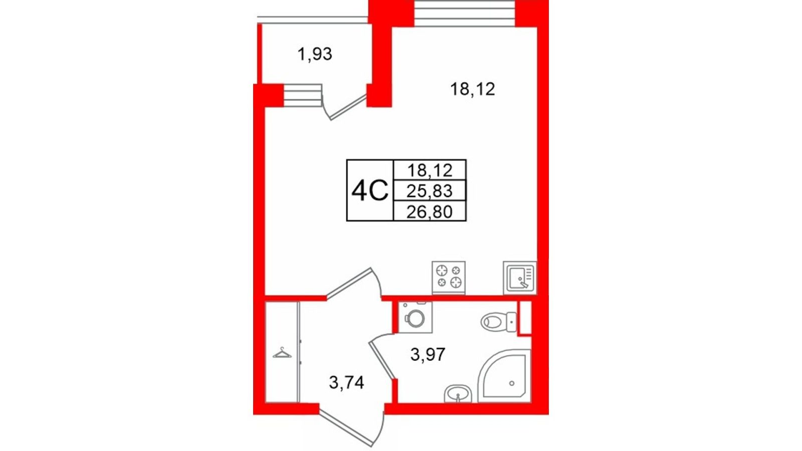 Планировка: студия, 25,8 м²