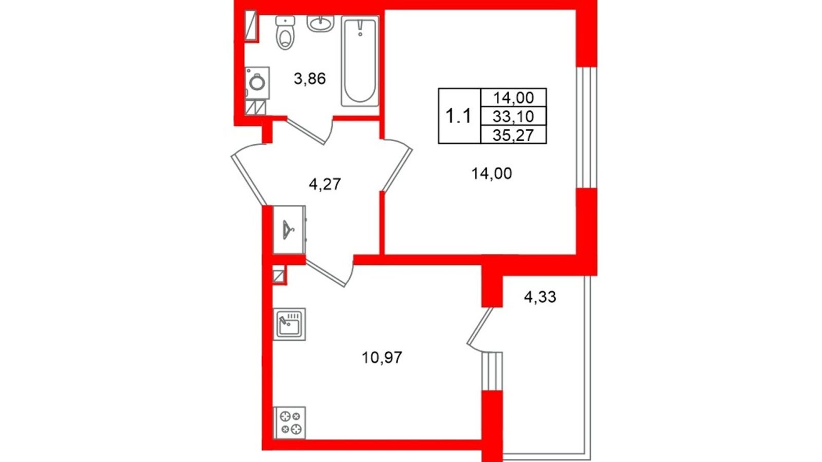 Планировка: 1-комнатная квартира, 33,1 м²