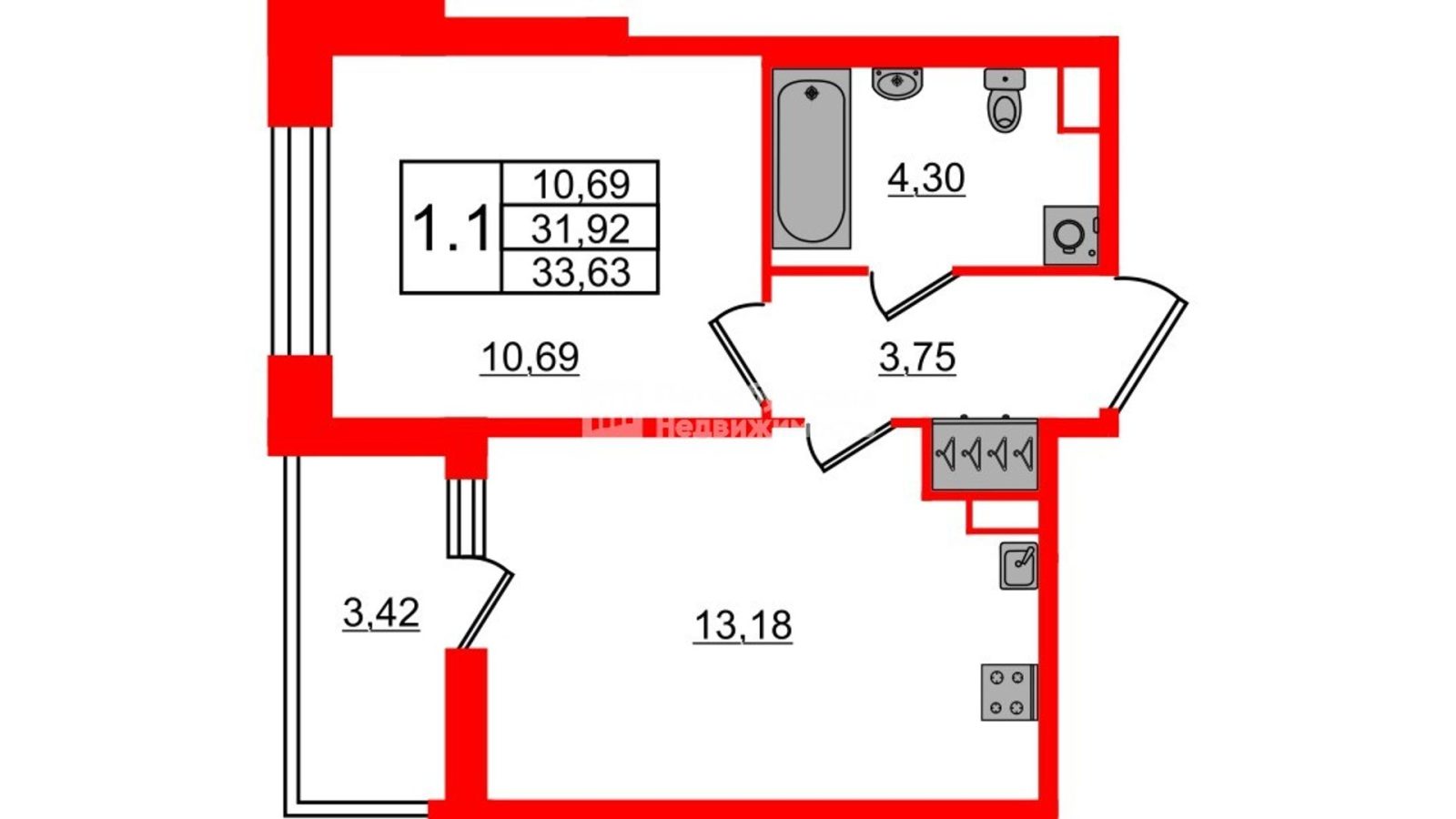 Планировка: 1-комнатная квартира, 31,9 м²