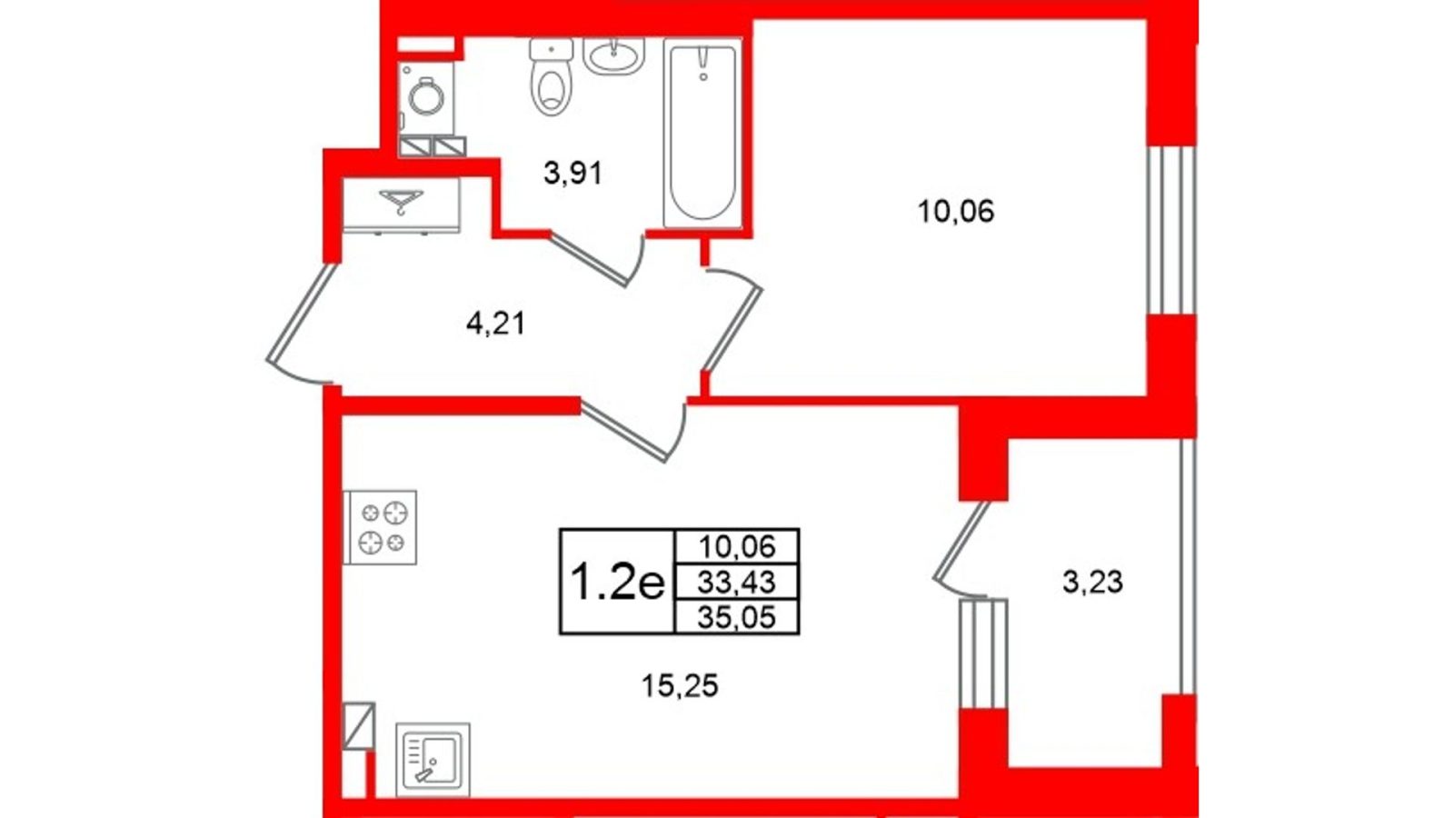 Планировка: 1-комнатная квартира, 33,4 м²