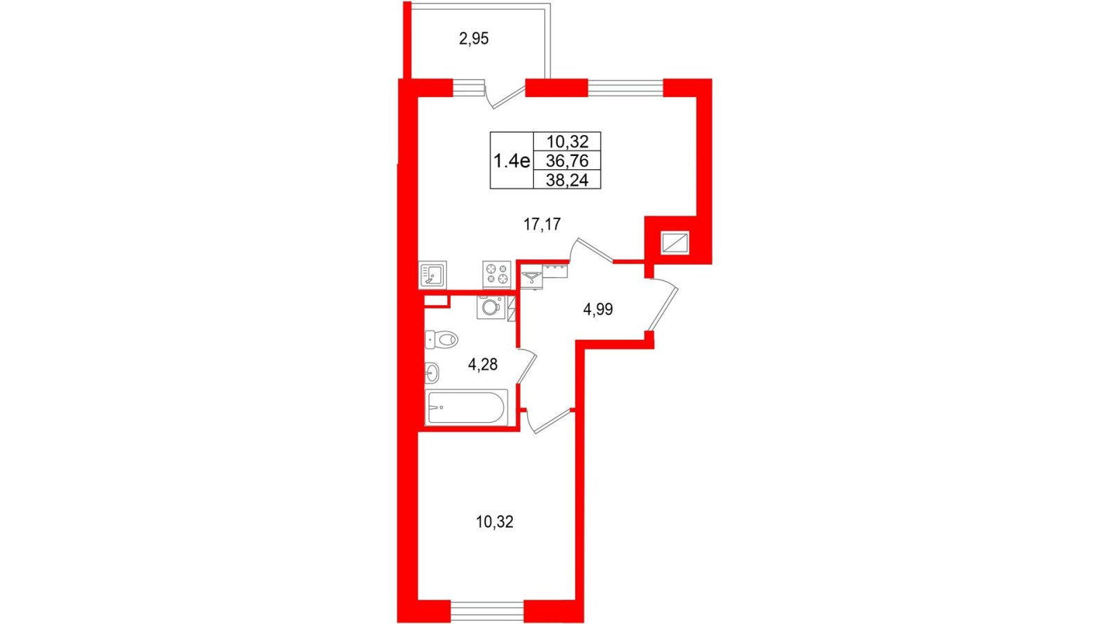 Планировка: 1-комнатная квартира, 36,8 м²