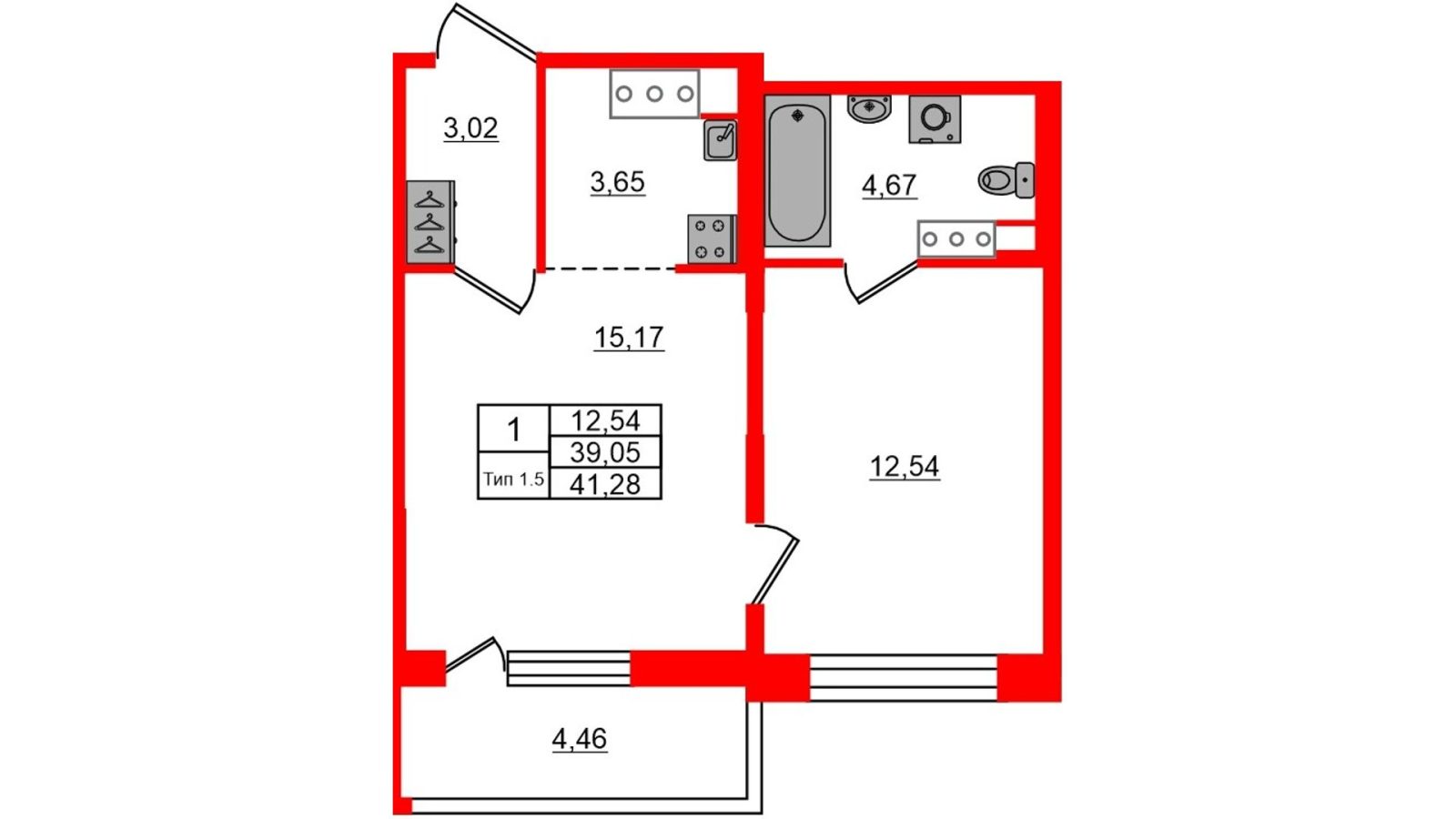 Планировка: 1-комнатная квартира, 39,1 м²