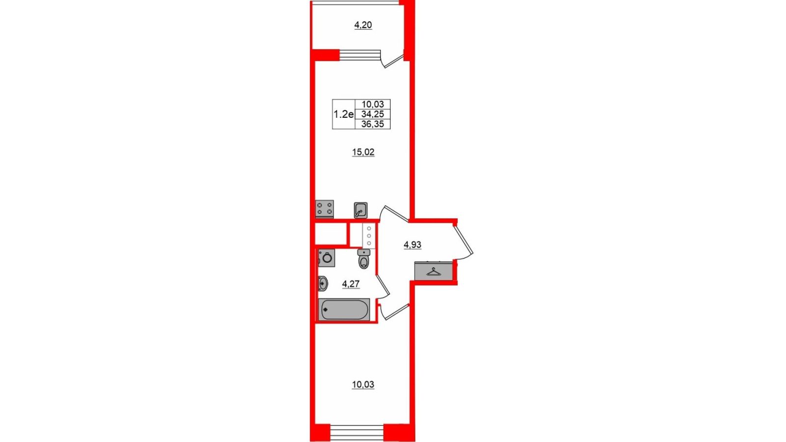Планировка: 1-комнатная квартира, 34,3 м²