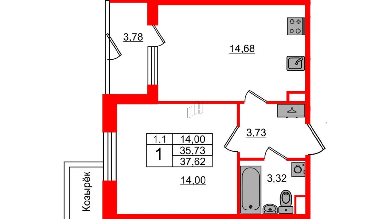 Планировка: 1-комнатная квартира, 35,3 м²