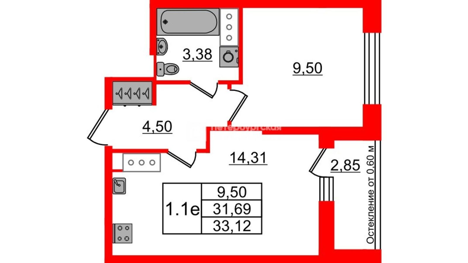 Планировка: 1-комнатная квартира, 31,7 м²