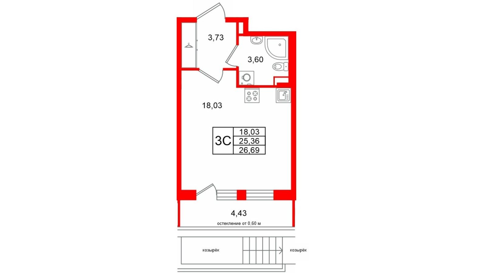 Планировка: студия, 25,4 м²
