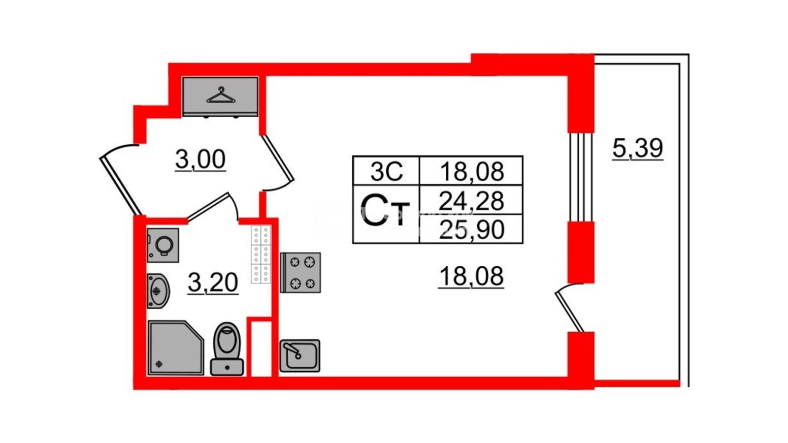Планировка: студия, 24,0 м²