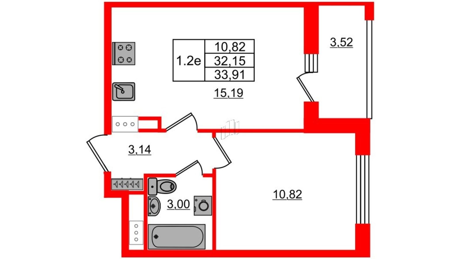 Планировка: 1-комнатная квартира, 31,8 м²