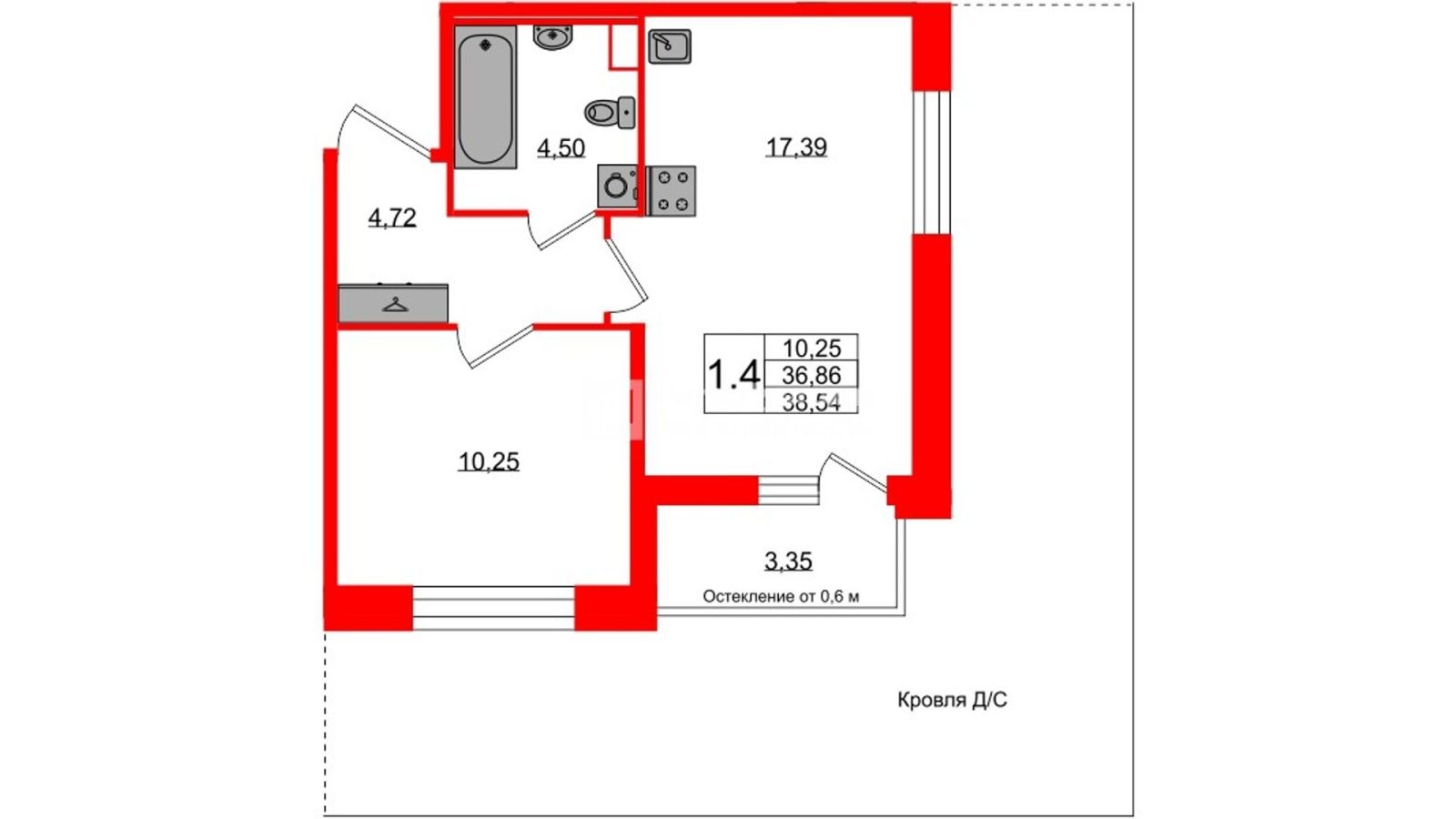 Планировка: 1-комнатная квартира, 36,9 м²