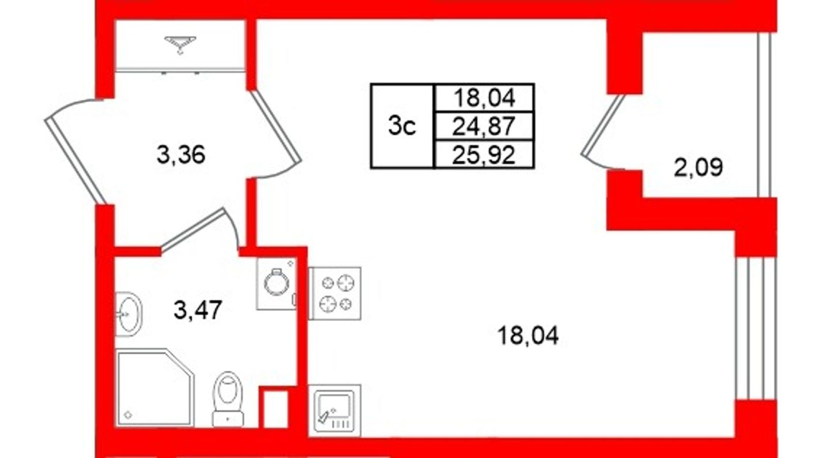 Планировка: студия, 24,9 м²