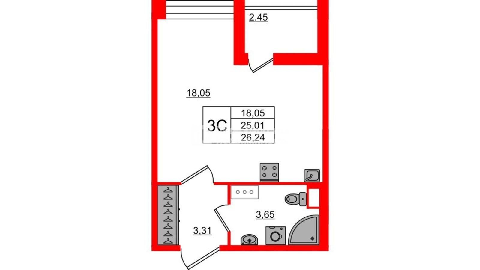 Планировка: студия, 25,0 м²