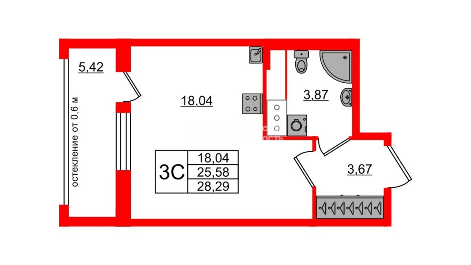 Планировка: студия, 25,6 м²