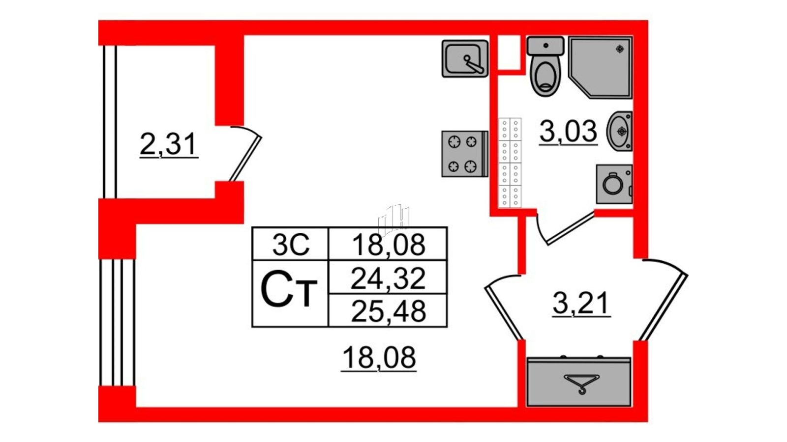 Планировка: студия, 23,8 м²