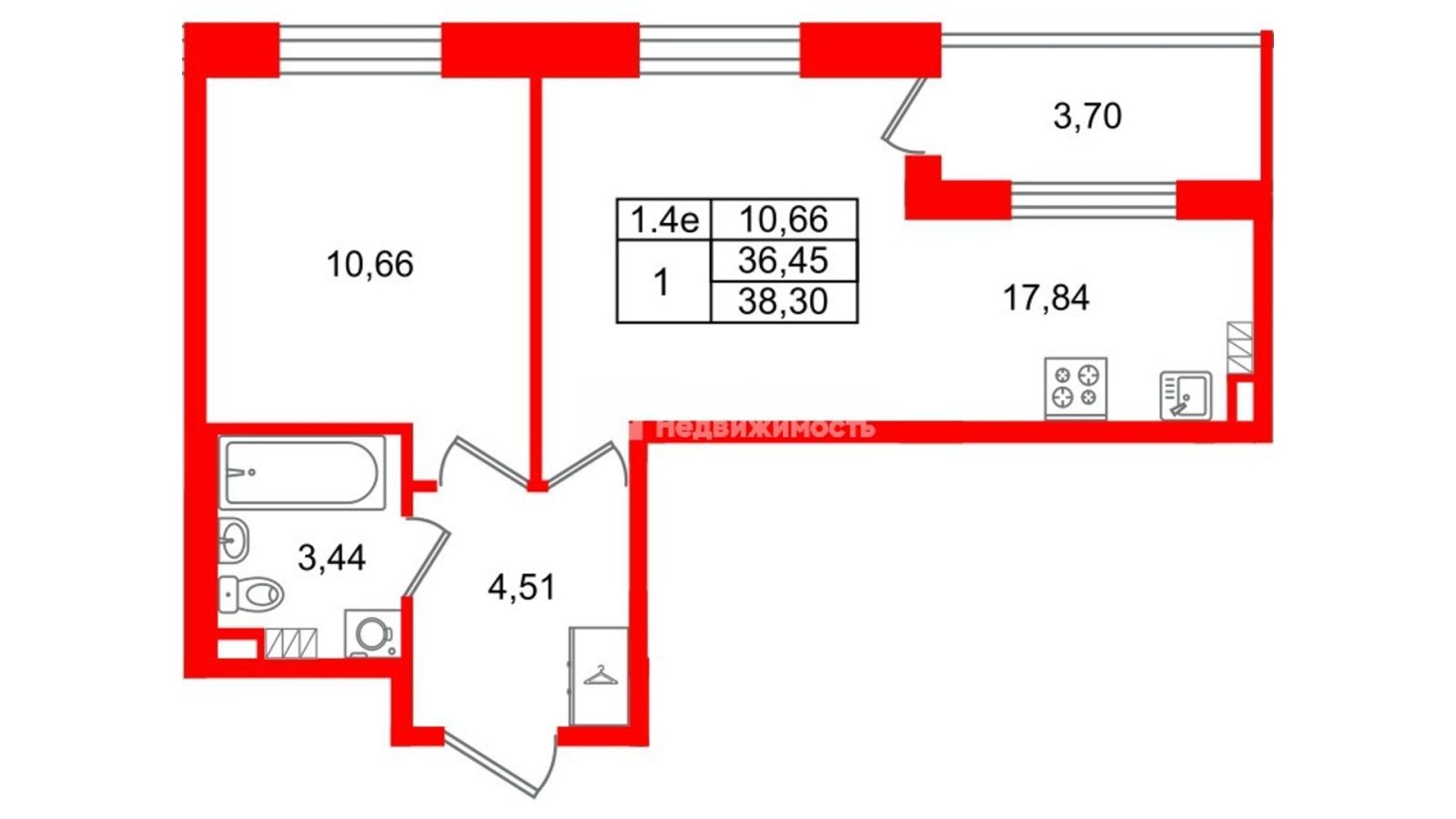 Планировка: 1-комнатная квартира, 36,5 м²