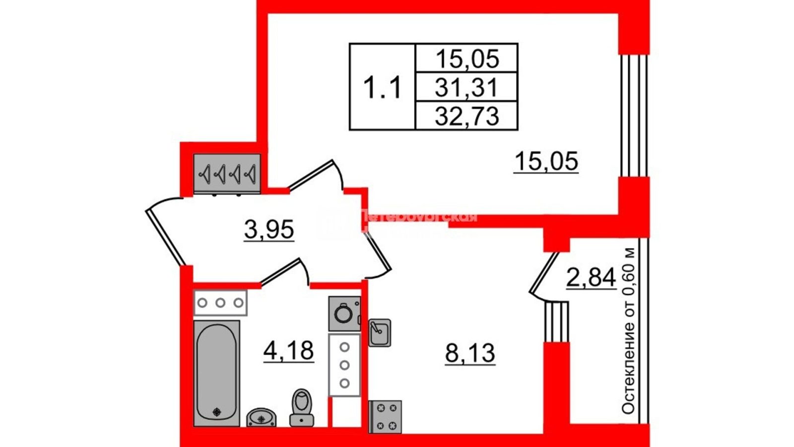 Планировка: 1-комнатная квартира, 31,3 м²