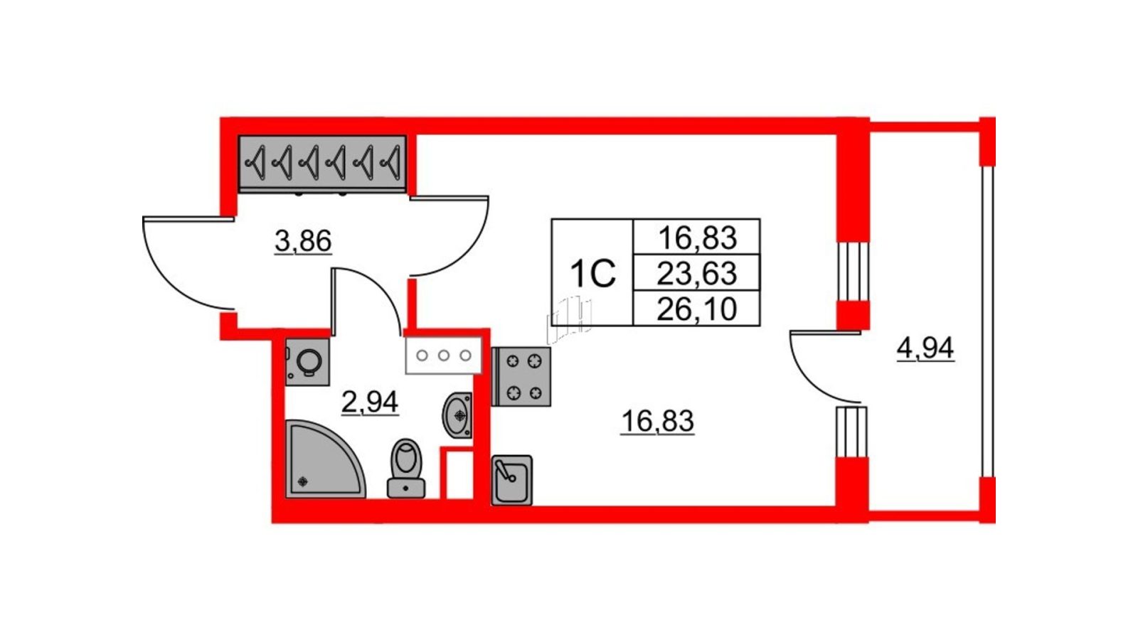 Планировка: студия, 23,6 м²