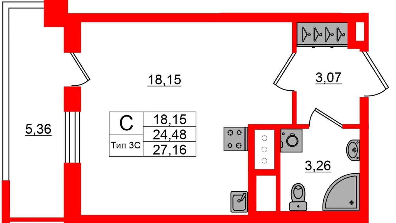 Планировка: студия, 24,5 м²