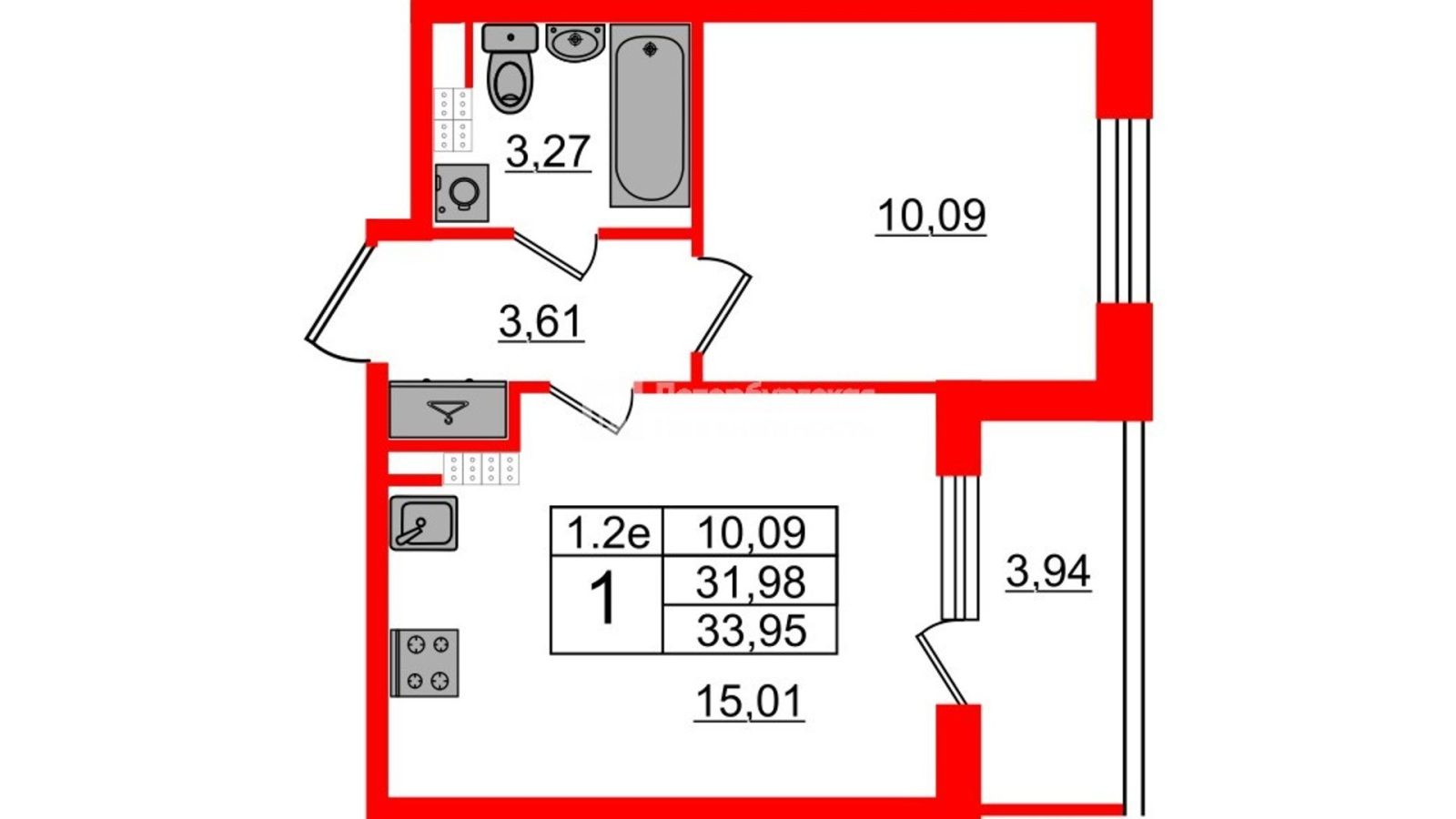 Планировка: 1-комнатная квартира, 31,1 м²