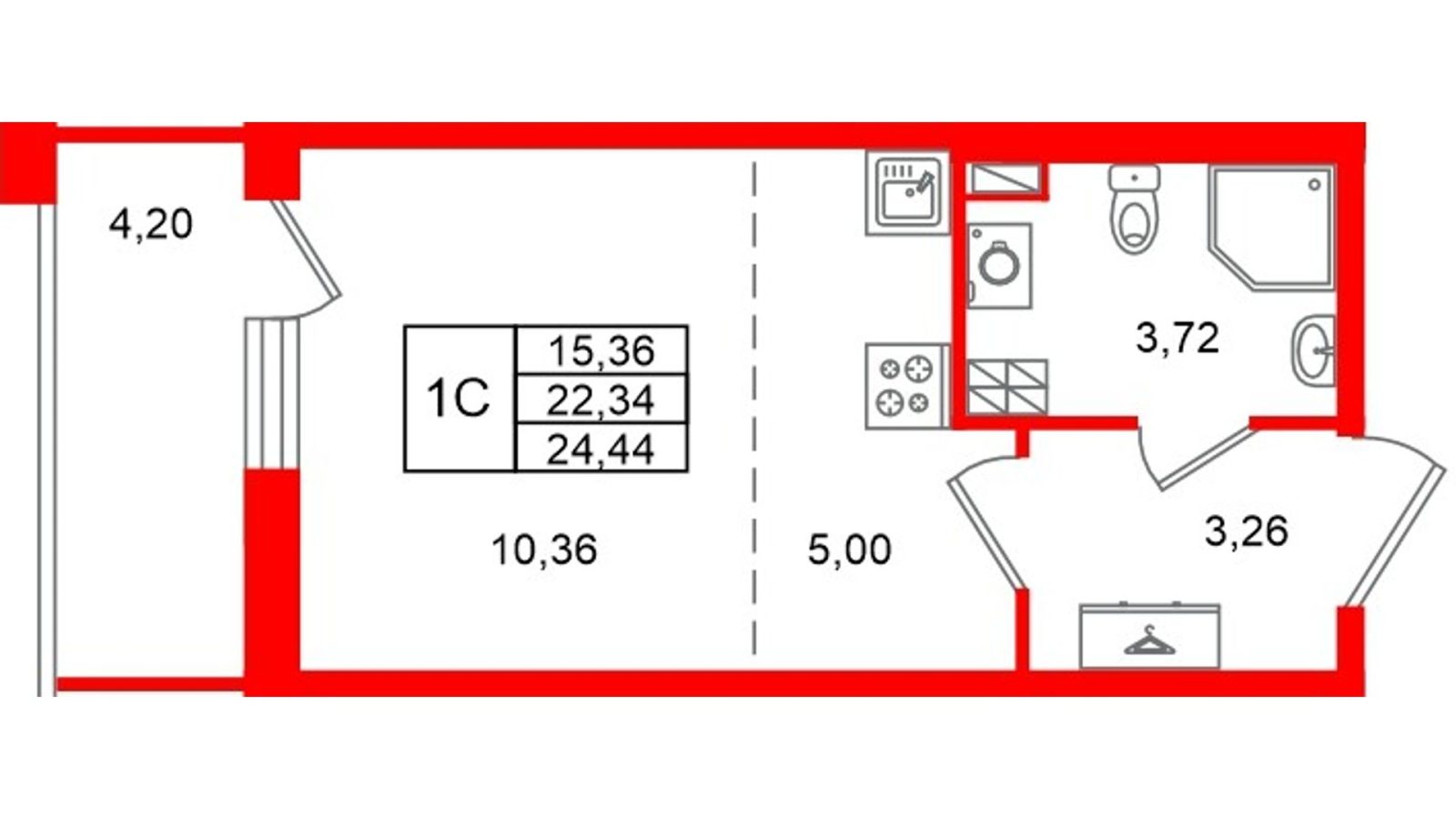 Планировка: студия, 22,3 м²