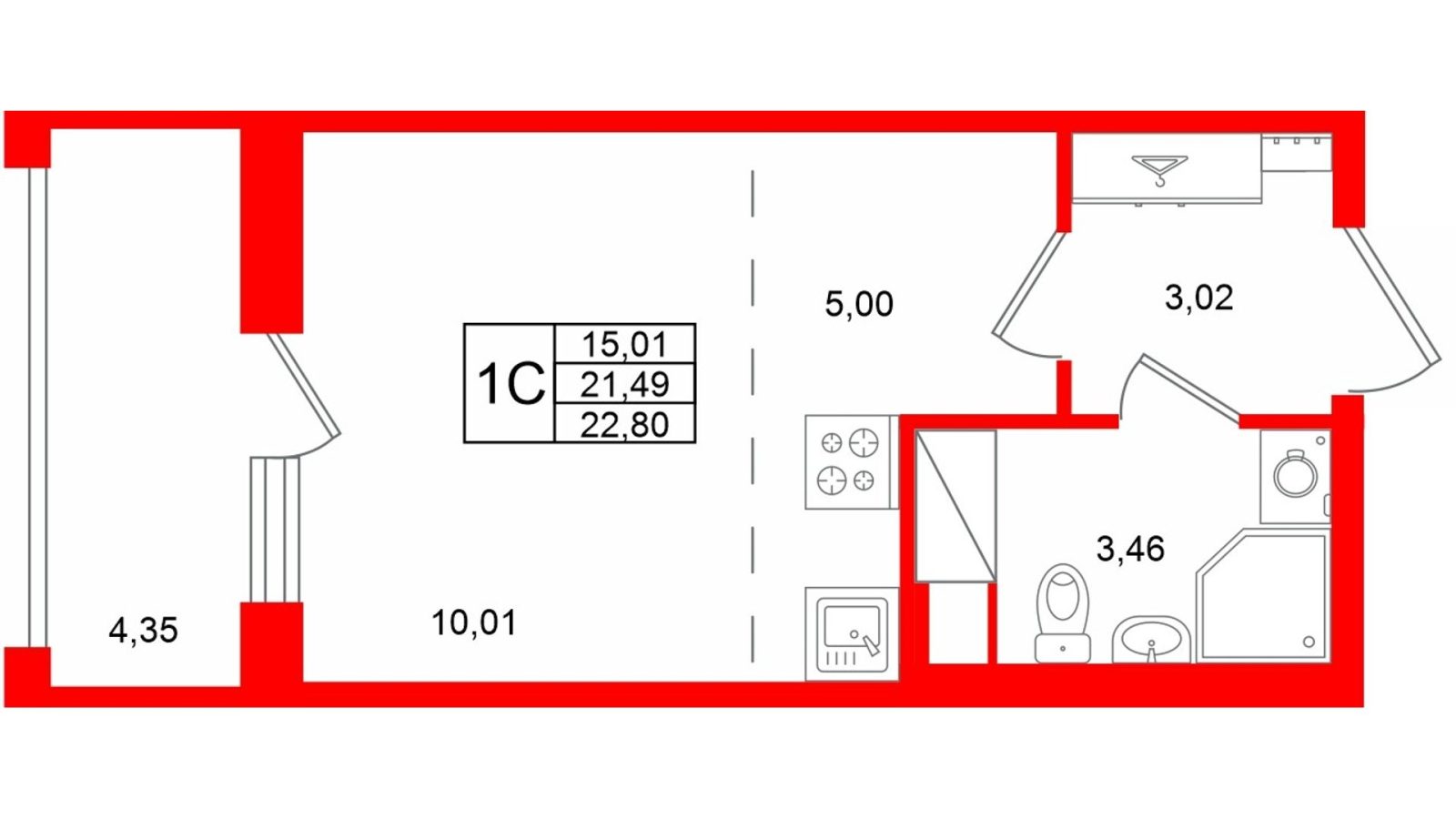 Планировка: студия, 21,5 м²